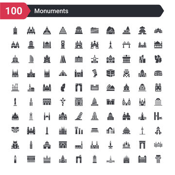 100 monuments icons set such as greek column, spain, russia, philippines, denmark, cambodia, church of the holy family, lonja of zaragoza, galata tower in istanbul