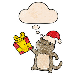 cute cartoon christmas cat and thought bubble in grunge texture pattern style