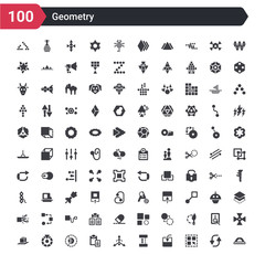 100 geometry icons set such as measure, select all, import, dimension, axis, paste clipboard, rotate, color wheel,