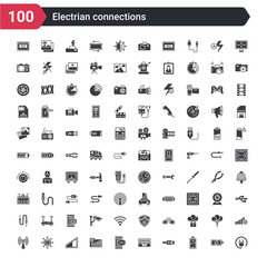 Fototapeta na wymiar 100 electrian connections icons set such as plug, battery, lan, ethernet, sms, full, medium, scheme,