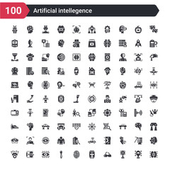 100 artificial intellegence icons set such as ai brain, ar camera, ar monocle, artificial atmosphere, biometrics, bionic arm, bionic eye, body scan, cloud intelligence