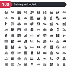 100 delivery and logistic icons set such as certificate, package, gift, delivery truck, fragile, conveyor, motorbike, barcode, warehouse