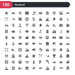 100 nautical icons set such as skull and bones, lighthouse, sailboat, fish, seagull, pearl, whale, oxygen tank, buoy