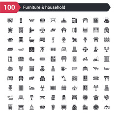 Plakat 100 furniture & household icons set such as dinner table, pillows, floor, night stand, cuckoo clock, couch, bird cage, curtains, drawers