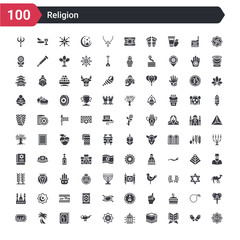 100 religion icons set such as halal, reading quran, kaaba mecca, islamic lantern, arabic art, genie lamp, holy quran, palm tree with date, allah word
