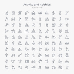 Naklejka na ściany i meble 100 activity and hobbies outline icons set such as acting, arrest, baccarat, balancing, ball pit, ballerina, barbeque, beatboxing