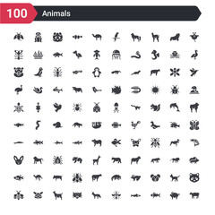 100 animals icons set such as cow, tuna, salmon, mosquito, fox, tiger, goat, guinea pig heag, bee