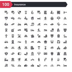 100 insurance icons set such as accident, fall accident, car accident, falling from stairs, insurance agent, hand motorcycle becycle bite