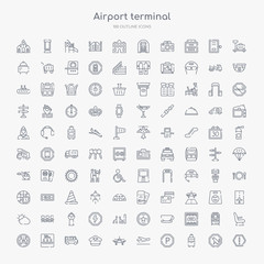 Fototapeta na wymiar 100 airport terminal outline icons set such as danger sing, trip luggage, parking square, departures flights, plane front view, pilot hat, airport bus, waiting for flight