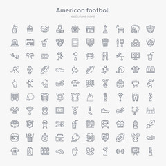 100 american football outline icons set such as bottle of water, barbell, american football cup, position, foam finger, whistle, lockers, trainer