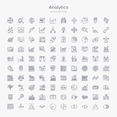 Obraz na płótnie Canvas 100 analytics outline icons set such as venn diagram, loop, interlocking, infographic, sweep, hexagon, arrows, tangent
