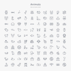 Naklejka na ściany i meble 100 animals outline icons set such as no dogs, dragon fly, cage, medic folder, fish and knife, fish shop, robin, pawprint