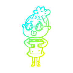 cold gradient line drawing cartoon woman with book wearing spectacles