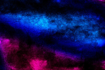 Vivid ink textured blue, pink and purple color canvas for modern design. Aquarelle smeared abstract cosmic bright vintage dark watercolour illustration. Neon watercolor on black paper background