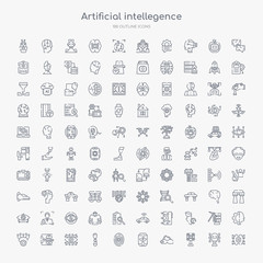 Naklejka na ściany i meble 100 artificial intellegence outline icons set such as ai brain, ar camera, ar monocle, artificial atmosphere, biometrics, bionic arm, bionic eye, body scan