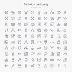 Obraz na płótnie Canvas 100 birthday and party outline icons set such as air balloon, greeting card, birthday, birthday boy, flag, girl, invitation, rocket