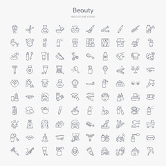 100 beauty outline icons set such as legs, make up, face cleanser, cream, face mask, nail polish, concealer, curler