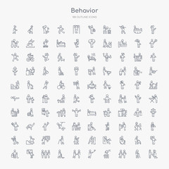 Fototapeta na wymiar 100 behavior outline icons set such as man welding, two friends, man sitting with headache, man taking a selfie, two men meeting, vacuum, three men conference, window cleaning