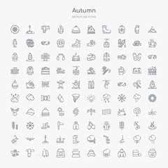 100 autumn outline icons set such as jam, sweater, wind, winter hat, soup, honey, pine, scarf