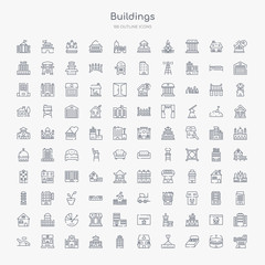 100 buildings outline icons set such as toilet side view, bed 3d view, hook hanging material, fire in the house, office block, college, wellness center, spa salon