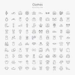 100 clothes outline icons set such as heels, trouser, pijama, corset, bowler, jersey, housecoat, beret