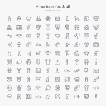 100 American Football Outline Icons Set Such As Bottle Of Water, Barbell, American Football Cup, Position, Foam Finger, Whistle, Lockers, Trainer