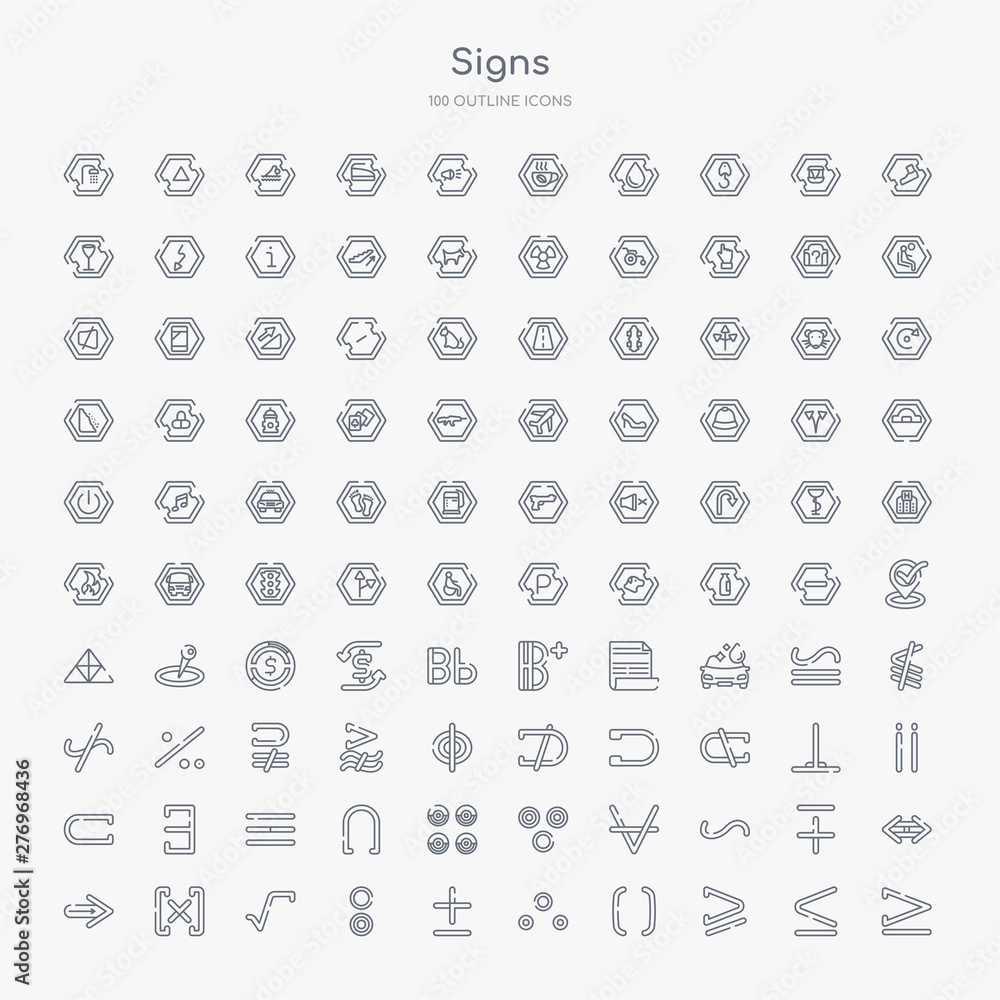 Poster 100 signs outline icons set such as is equal to or greater than, is greater than or equal to, parent