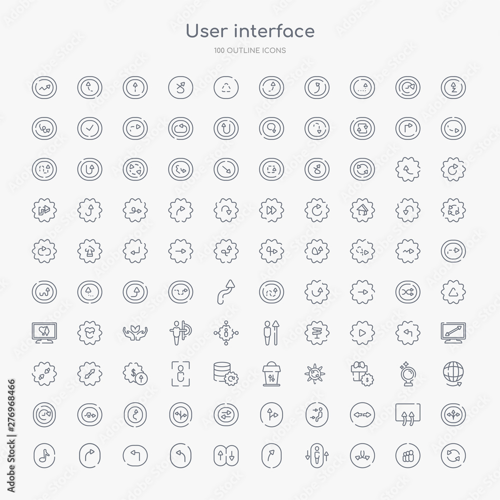 Poster 100 user interface outline icons set such as continuous, move content, lift, right curve, elevator a