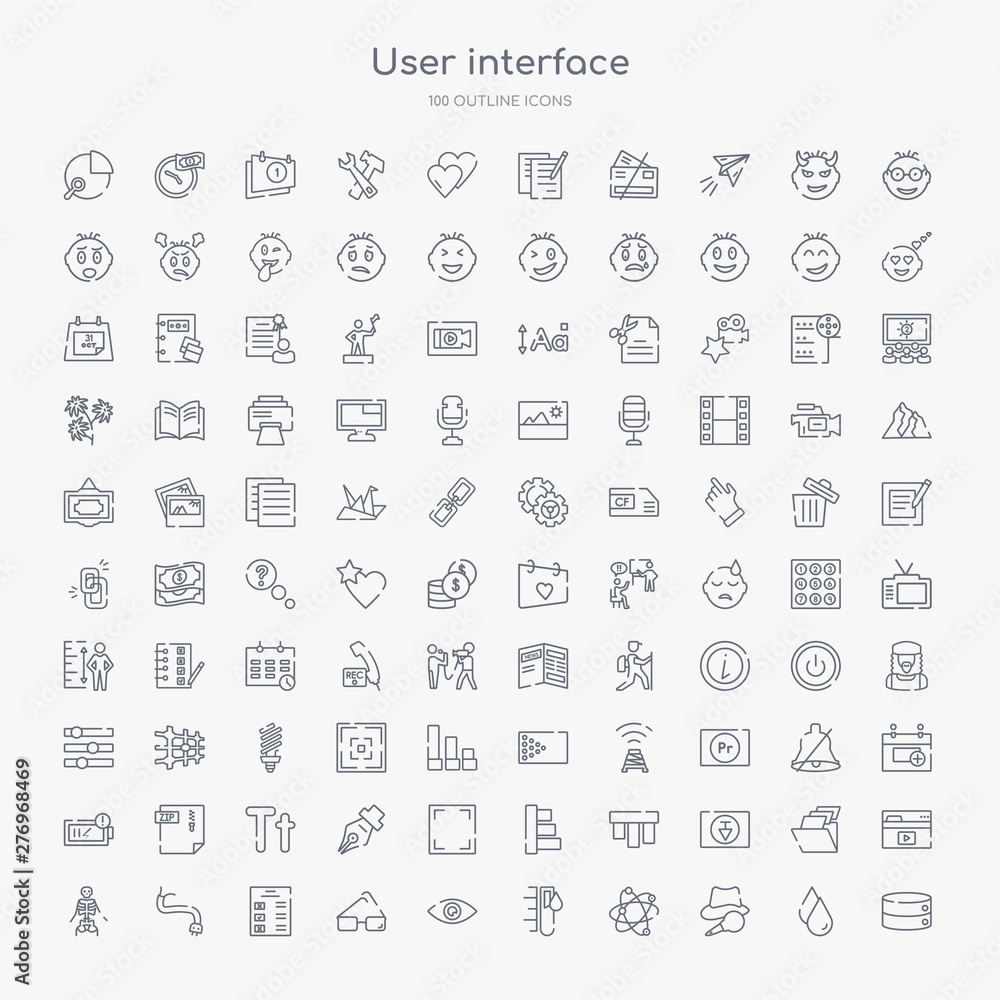 Poster 100 user interface outline icons set such as disk storage, detective search, nuclear cells, ink leve