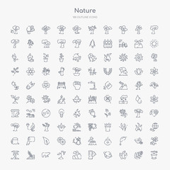 100 nature outline icons set such as flower pot, cultivation, saturn with his ring, wood board, hill, grows, polar, prairie