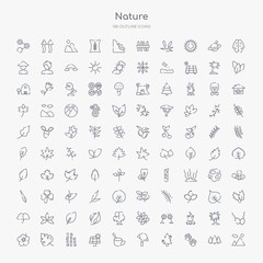100 nature outline icons set such as mountain colapse, four toe footprint, pine tree on fire, damaged, treatments, natural energy, bamboo sticks, leaf monstera