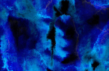 Deep dark glowing blue neon watercolor on black paper illustration. Creative lightning night sky and thunder background. Aquarelle painted ink canvas, cosmic card template for modern design