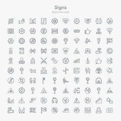 100 signs outline icons set such as is identical with, mathematics, broken glasses, ramp, no camera, koinobori, horoscope, zuhar prayer