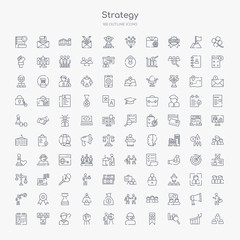Fototapeta na wymiar 100 strategy outline icons set such as collaboration, analysis, award, customer, presentation, planning, question, connection