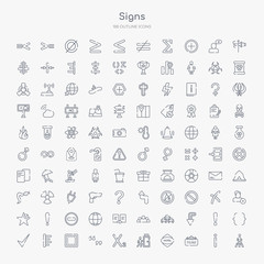 100 signs outline icons set such as crossing, square hotel, round hotel, emergency exit, subscript, quotes, borders, align left