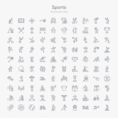 Fototapeta na wymiar 100 sports outline icons set such as sprained ankle, waterpolo, bullseye, stretching, skiing down hill, racing bike, baseball ball, basketball ball with line