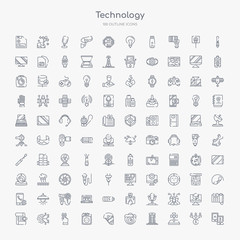 100 technology outline icons set such as a/b testing, cross stuck in ground, phone box, surveillance camera, face shield, electric socket on fire, touchscreen, technology