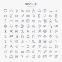 100 technology outline icons set such as attributes, bounce rate, bugs, caching, call to action, click through rate, color value, old tv