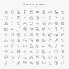 Fototapeta na wymiar 100 tools and utensils outline icons set such as megaphone side view, highlight, edit picture, recycling bin, cross wrench, air conditioning, reparation, key ring