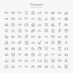 100 transport outline icons set such as car and key, journalist van, zero emission badge, crate, tandem, logistics truck, black car, forklift truck