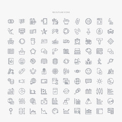 100 ui outline icons set such as web crawler, 3d data analytics dual bars, data search for interface, bars and line ascending of data analytics, analysis pie chart interface, multiple variable