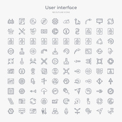 Fototapeta na wymiar 100 user interface outline icons set such as wait cursor, forbidden cursor, crossroad, exchange personel, industrial action, sorting, bending, gap