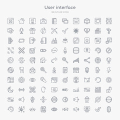 100 user interface outline icons set such as exclamation button, vigilance, high volume, express, look, finger prints, paper boat, connectivity