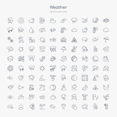100 weather outline icons set such as cold, snowing, eclipse, smog, mist, calm, hot, aurora
