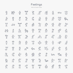 100 feelings outline icons set such as accomplished human, alive human, alone human, amazed amazing amused angry annoyed
