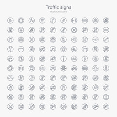 100 traffic signs outline icons set such as no sound, no insects, no plug, chatting, video, port, pooping, shopping cart