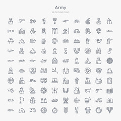 100 army outline icons set such as satellite, grenade, military, rank, compass, toxic, ambulance, tent