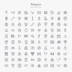 100 religion outline icons set such as halal, reading quran, kaaba mecca, islamic lantern, arabic art, genie lamp, holy quran, palm tree with date