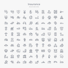 100 insurance outline icons set such as accident, fall accident, car accident, falling from stairs, insurance agent, hand motorcycle becycle