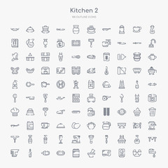 100 kitchen outline icons set such as mixer, recipe, microwave oven, mortar, stove, tray, kitchen board, wine bottle